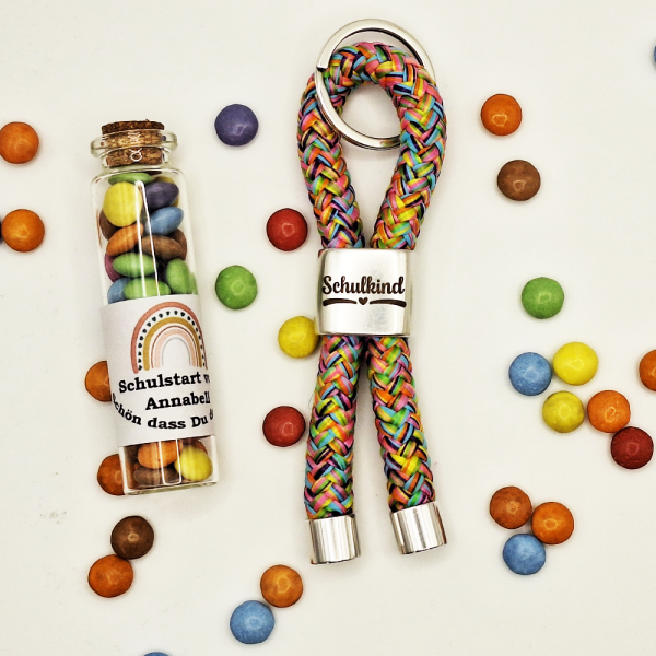 Perfektes Geschenk zum Schulstart - Segeltau Schlüsselanhänger und Mini Glas mit Motiv